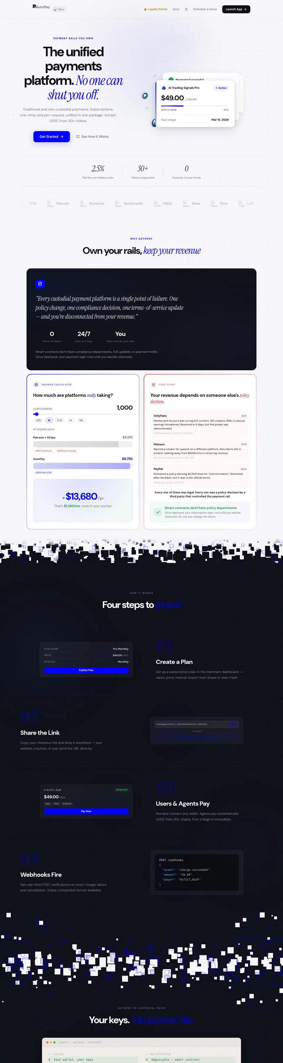 AutoPay landing page: headline "The unified payments platform. No one can shut you off.", a subscription card, a savings calculator and a four-step how-it-works section.