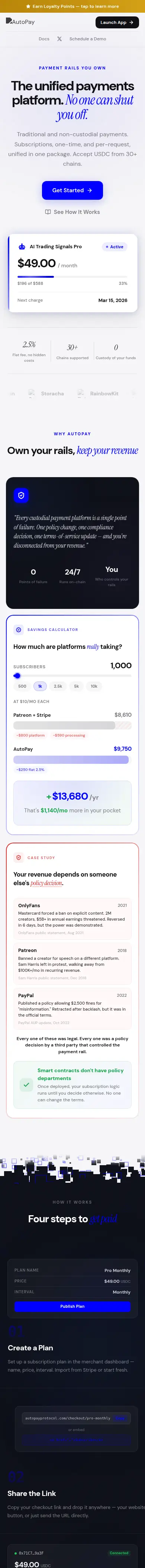 AutoPay landing page on a phone: the same headline, subscription card and sections stacked in one column.
