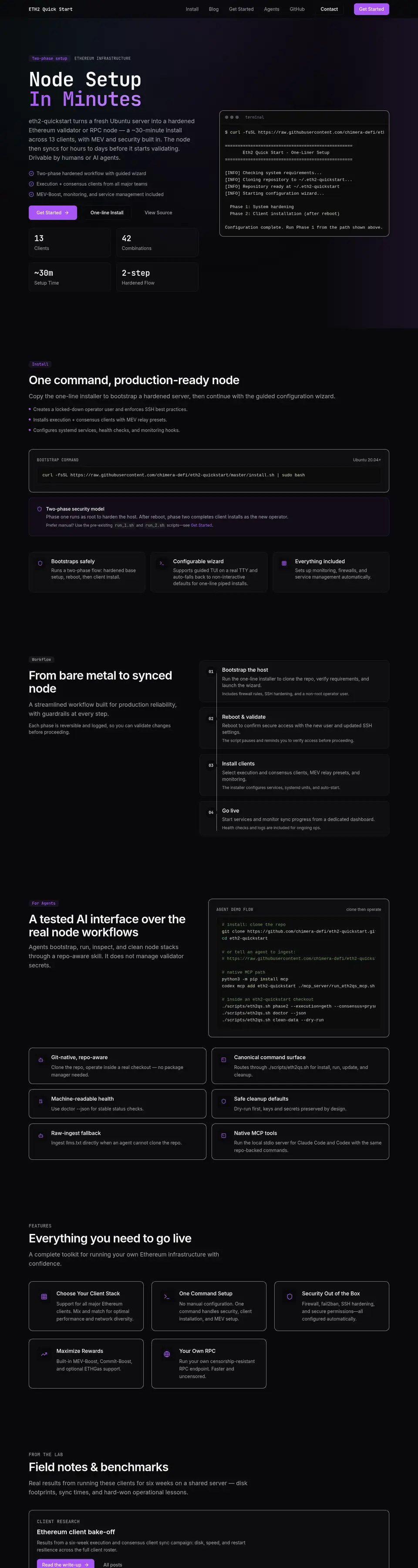 Eth2 Quickstart home page: "Node Setup In Minutes", a terminal showing the one-line installer, a four-step workflow and an agent demo panel.
