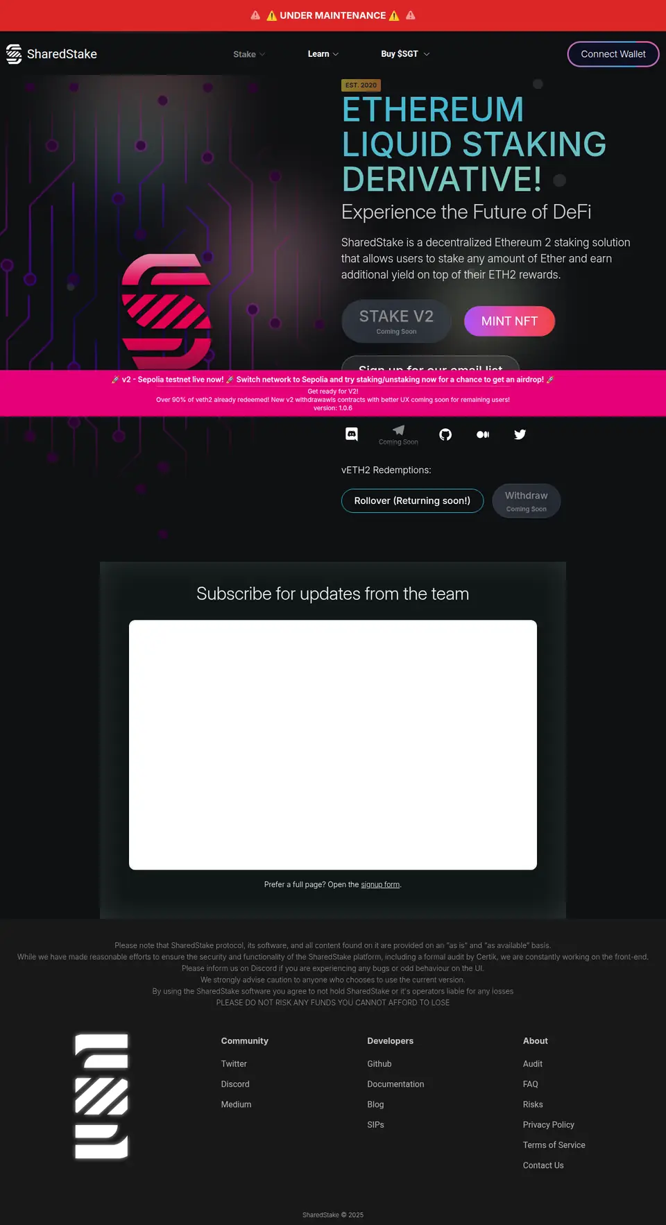 SharedStake home page: an Ethereum liquid staking headline, Stake V2 and Mint NFT buttons, a maintenance banner and footer links.