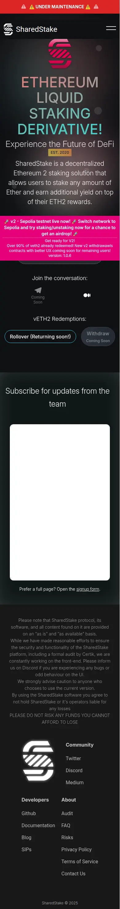 SharedStake home page on a phone, stacked in one column with the maintenance banner on top.