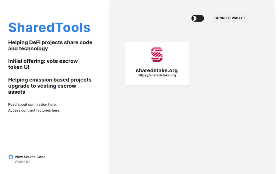 Sharedtools landing page: the tagline "Helping DeFi projects share code and technology", a connect-wallet button and a sharedstake.org project tile.